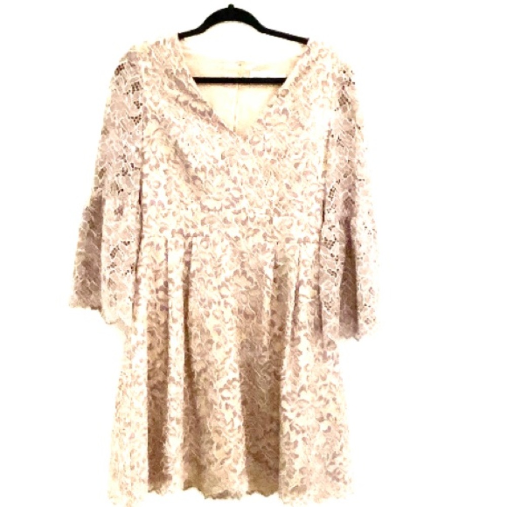 Eliza J lace overlay V-neck bell sleeve dr…